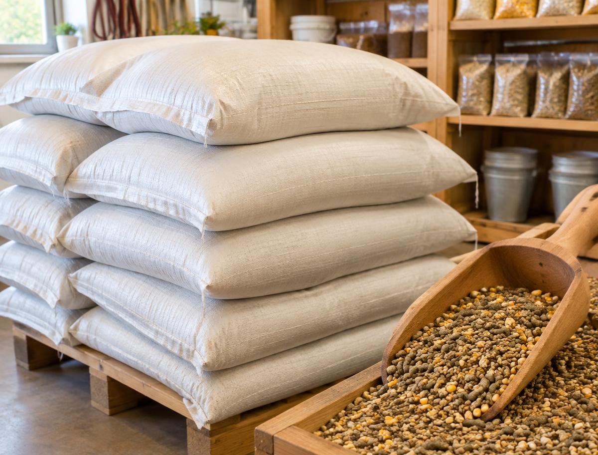 Sacks of animal feed and a scoop of feed pellets