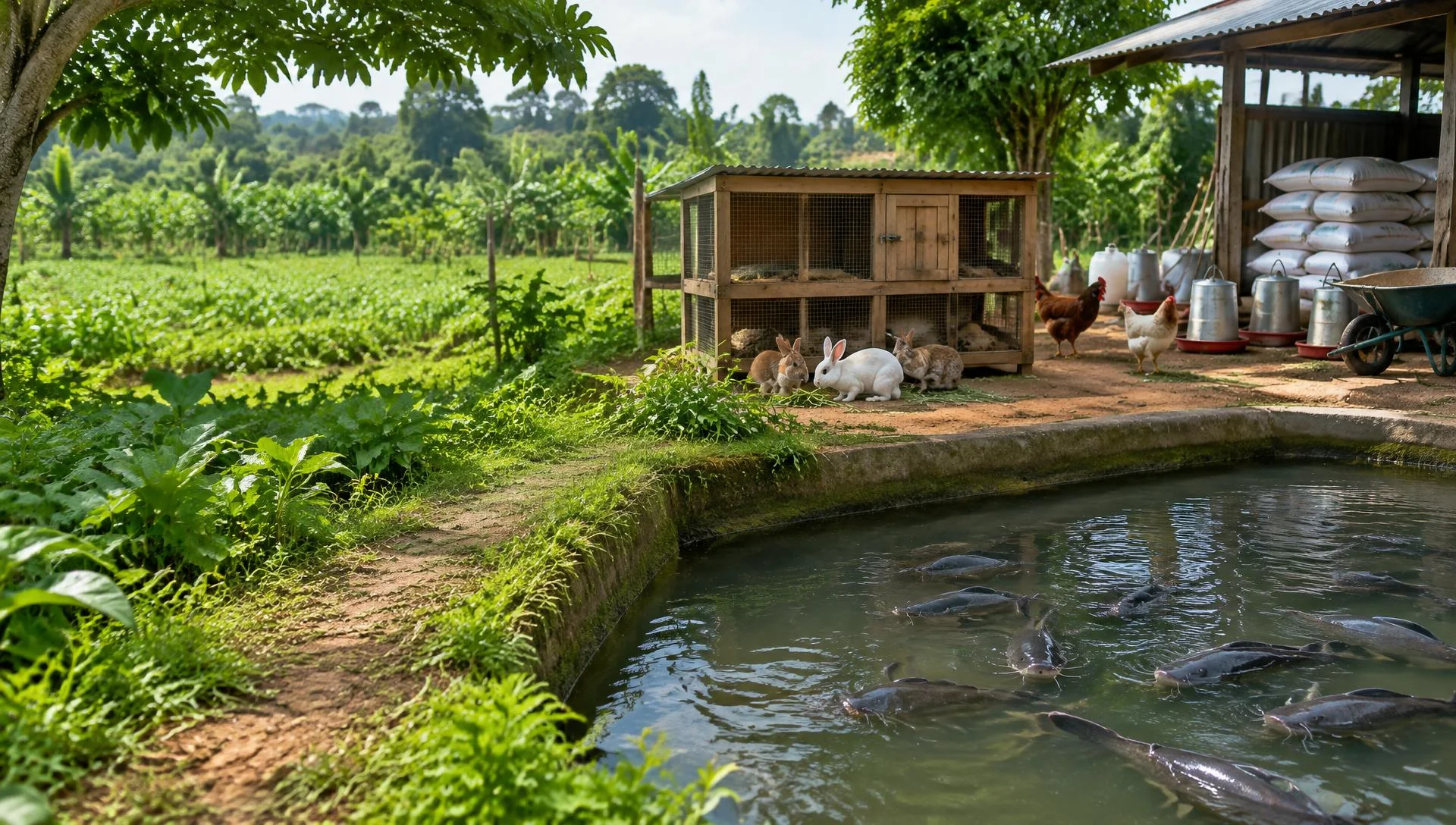 Catfish visible in a pond beside rabbits, poultry, feed sacks, drinkers and farm tools in a green farm setting; illustrative farm image