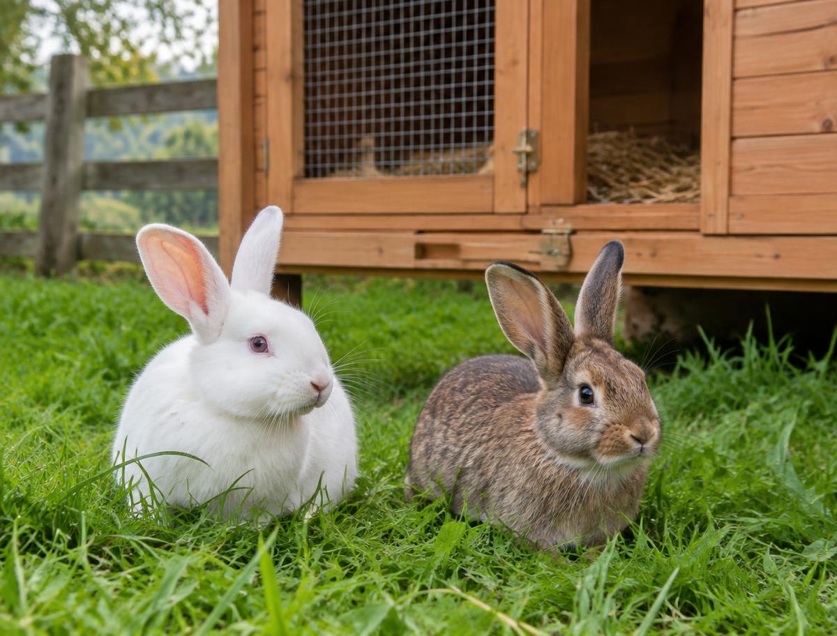 White and brown rabbits on grass beside a wooden hutch
